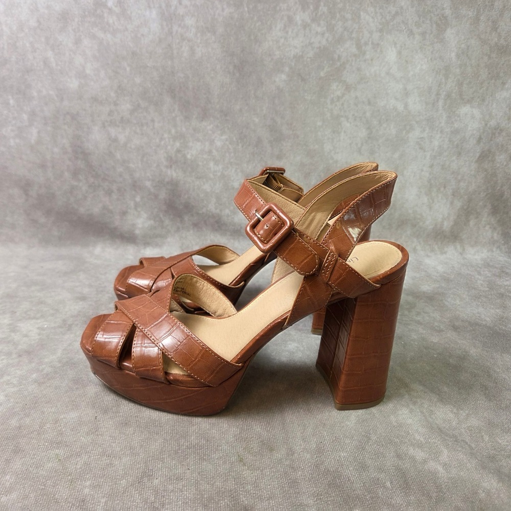 Limelight Brown Croc Embossed Platform Block Heel Sandals SZ9 Ankle Strap Womens